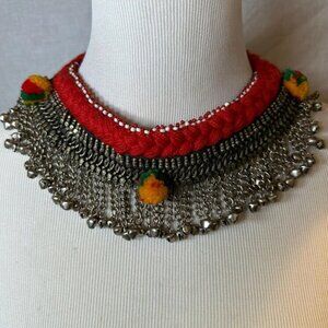 Red Choker Necklace, Statement Choker With Bells, Tribal Collar Choker Necklace,